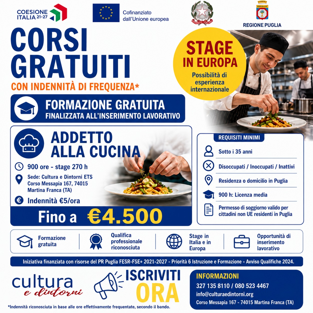 Corso gratuito Addetto alla cucina - Qualifiche 2024 Regione Puglia