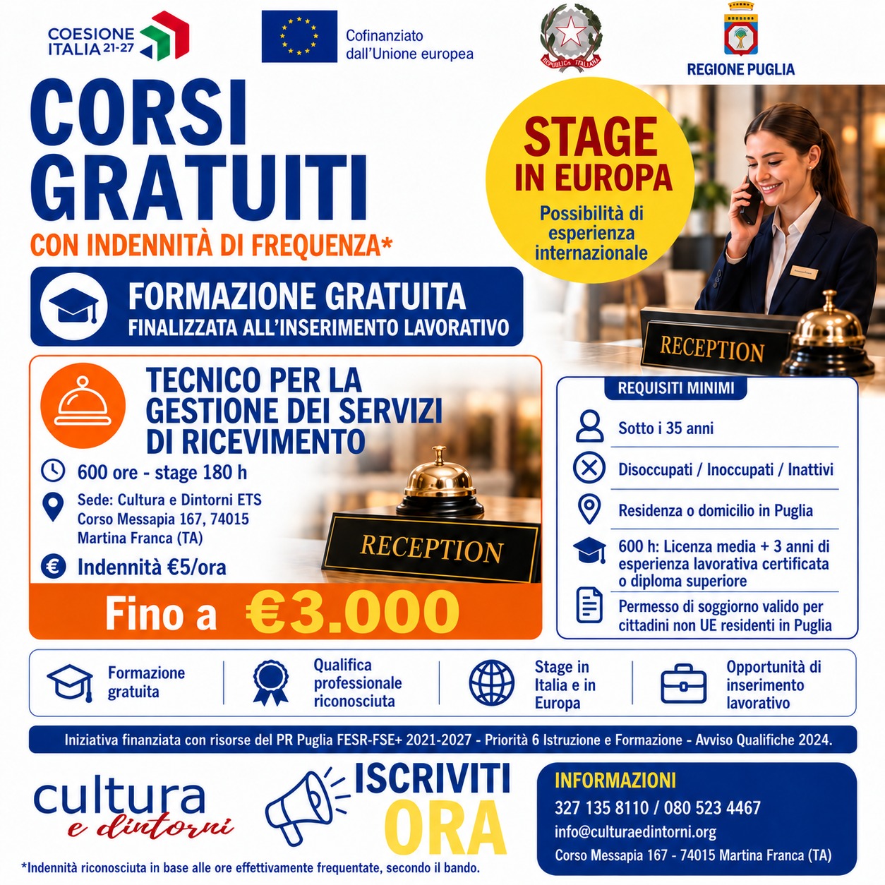 Corso gratuito Tecnico per la gestione dei servizi di ricevimento - Qualifiche 2024 Regione Puglia